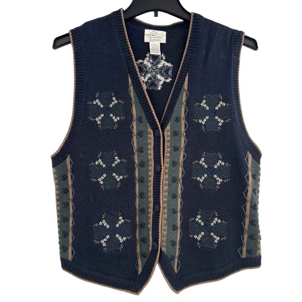 Vintage Christopher & Banks vest dark blue with green hearts and flowers size XL